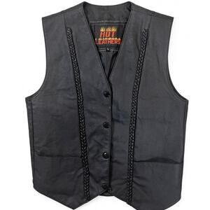 Hot Leathers Black Leather Biker Vest | Braided + Lace-Up Back | Size L